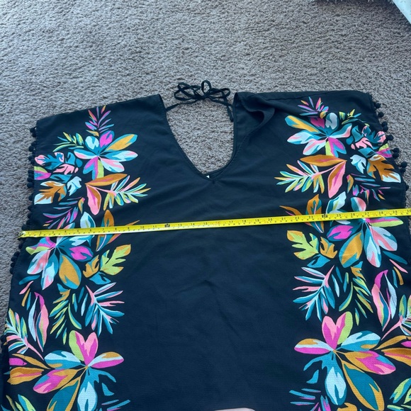 Xhilaration Black Tropical Beach Swimsuit Cover Up Kimono Fringe Bobbles M - Picture 9 of 10